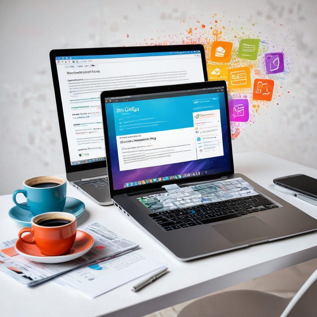 An imaginative blend of a blogging workspace and Java code, featuring a laptop displaying colorful coding snippets beside a steaming coffee cup. In the background, abstract representations of social media icons and blog posts float around, symbolizing the connection between blogging and technology. Vibrant colors and a clean layout to inspire creativity and productivity. super-realistic. vibrant colors. white background.