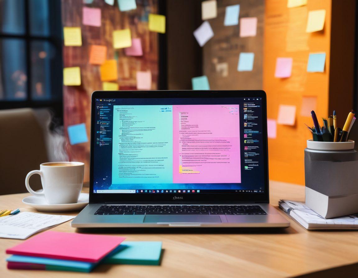 A creative workspace featuring a laptop displaying Java code on screen, surrounded by books on programming and application building. A steaming cup of coffee sits next to the laptop, alongside colorful sticky notes filled with ideas. An abstract backdrop of interconnected digital nodes symbolizes the blogosphere, enhancing the theme of connectivity and knowledge sharing. bright colors. modern tech style. vibrant atmosphere.