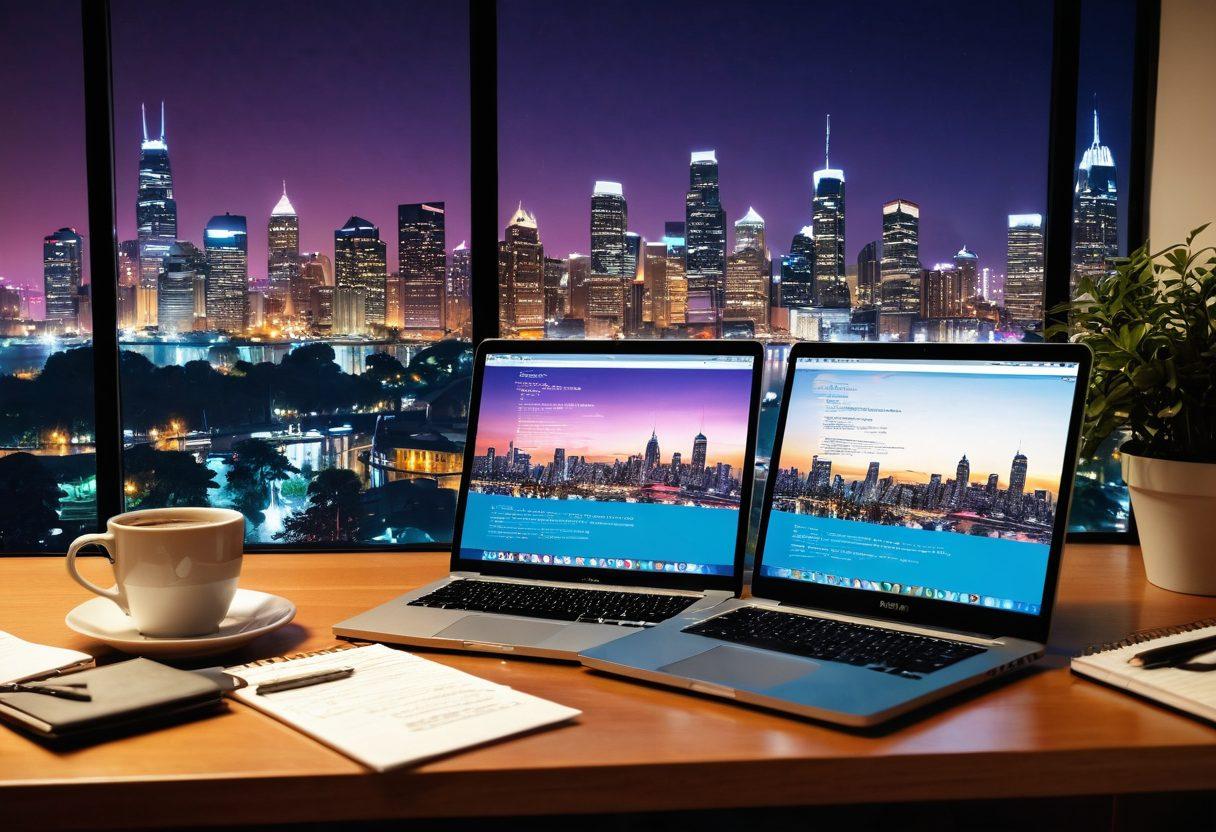 A digital workspace blending elements of blogging and software development, featuring a laptop with a coded interface alongside a notepad filled with creative notes. The background shows a vibrant city skyline representing growth and opportunity, while coffee cups and inspirational quotes add a personal touch. Soft lighting provides a warm, inviting atmosphere. vibrant colors. modern digital art.